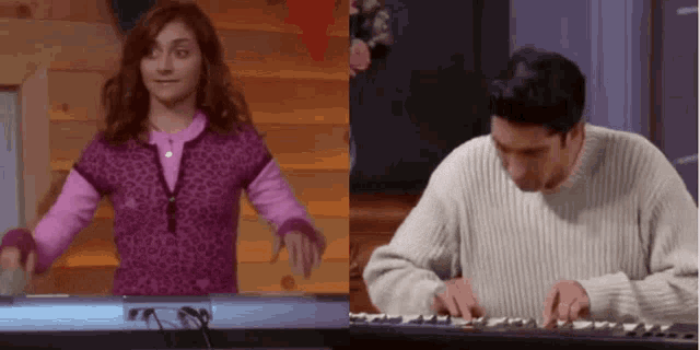 a woman in a leopard print sweater is standing next to a man playing a keyboard