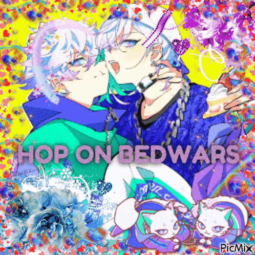a colorful drawing of two anime characters with the words hop on bedwars on the bottom