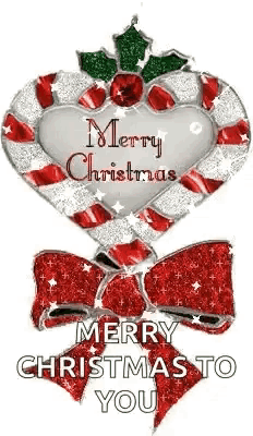 a merry christmas to you greeting card with a heart shaped candy cane with a bow .