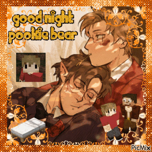 a picture of two boys sleeping with the words goodnight pookie bear written on it