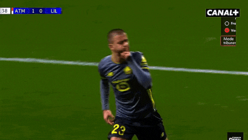 a soccer player is celebrating a goal during a game sponsored by canal +