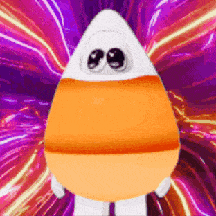 a cartoon candy corn with a purple background