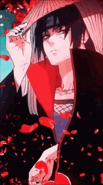 itachi uchiha from the anime naruto is wearing a hat and holding a flower .