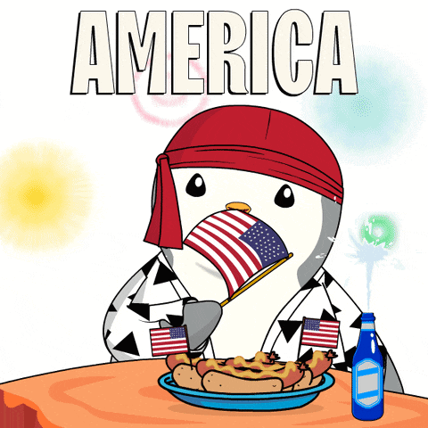 a cartoon of a penguin eating hot dogs and drinking beer with the word america behind him