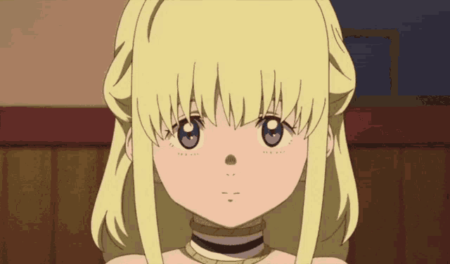 a blonde anime girl with purple eyes and a necklace around her neck