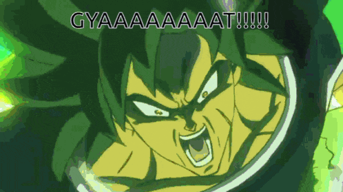 a cartoon of a man with green hair and the words gyaaaaaaat