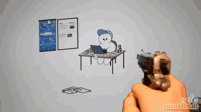 a hand is pointing a gun at a cartoon character sitting at a desk with a laptop on it