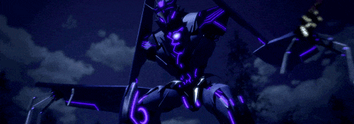 a purple robot with the number 16 on it 's chest