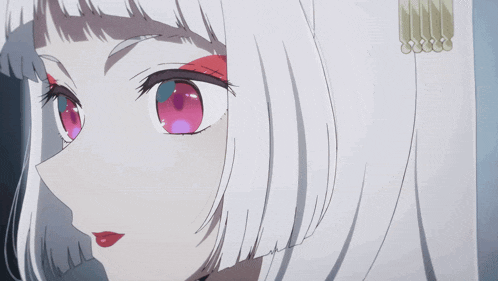 a close up of a girl 's face with white hair and red lips
