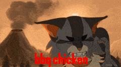 a cartoon of a cat with the words bbq chicken in red