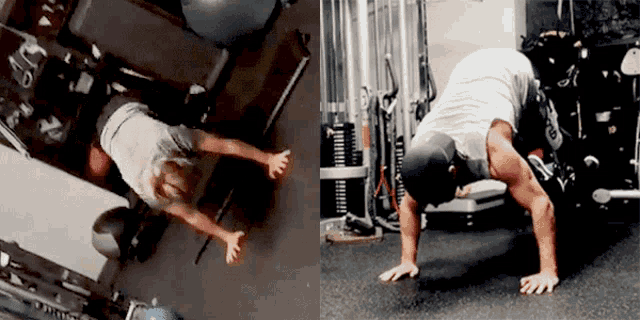 a man is doing push ups in a gym while wearing a hat that says reebok