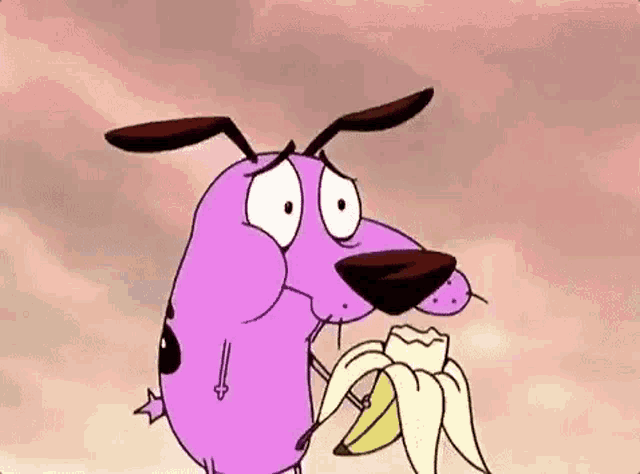 courage the cowardly dog from courage the cowardly dog is eating a banana .