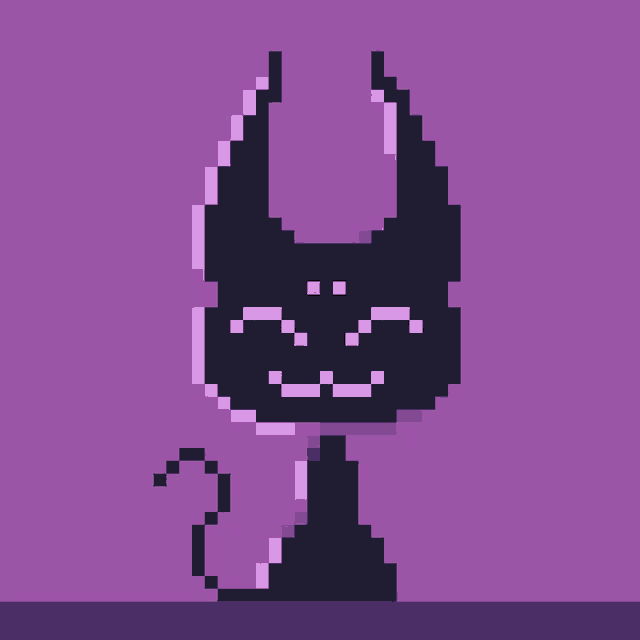 a pixel art of a black cat with horns