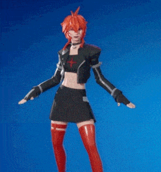 a girl with red hair is standing in front of a blue background wearing a black skirt and red stockings .