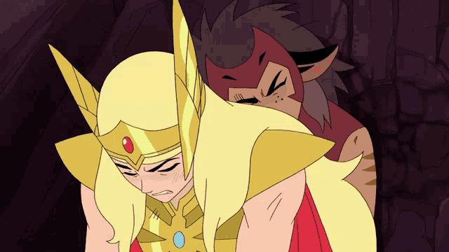 a cartoon character with a crown on her head is hugging another cartoon character