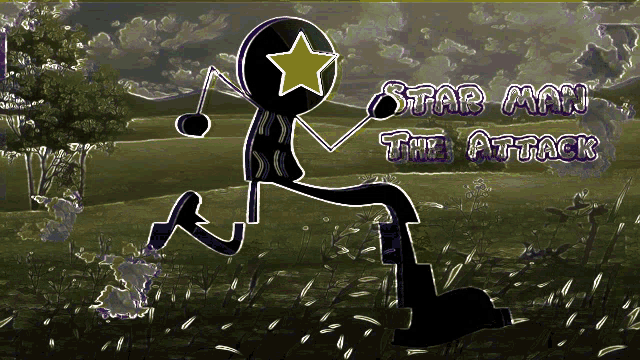 a drawing of a stick figure with a star on his head and the words star man the attack below him