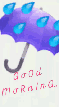 a purple umbrella with rain drops on it and the words good morning written below it