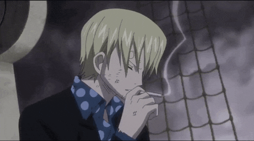 a man in a polka dot shirt is smoking a cigarette with smoke coming out of it
