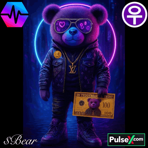 a teddy bear wearing sunglasses and a louis vuitton jacket is holding a 100 dollar bill