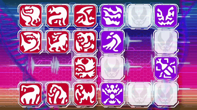 a bunch of red and purple squares with animals and letters on them