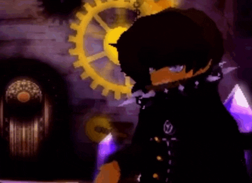 a cartoon character is standing in front of a clock and gears .