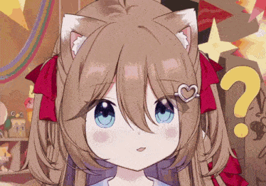 a girl with cat ears and a heart on her hair has a question mark behind her