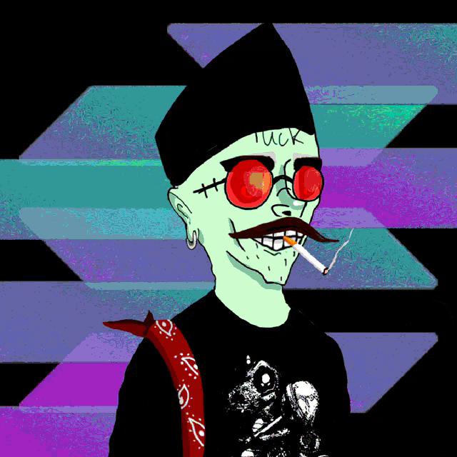 a cartoon drawing of a man wearing a hat and sunglasses