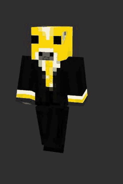a minecraft character with a yellow head and a black suit and tie .
