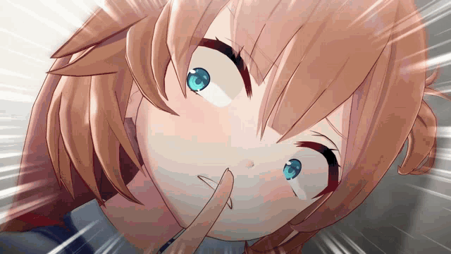 a close up of a girl 's face with her finger on her mouth