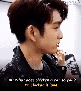 a close up of a person 's face with the words bb what does chicken mean to you