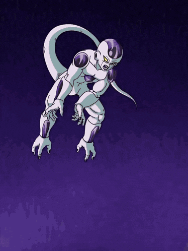 a purple and white cartoon character is flying through the air