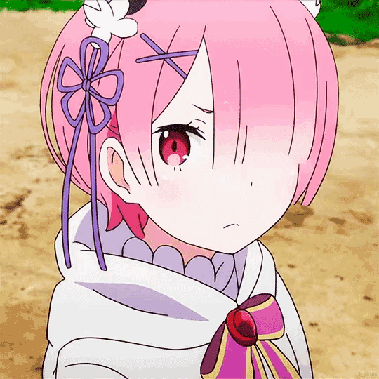 a girl with pink hair and red eyes is wearing a white cape