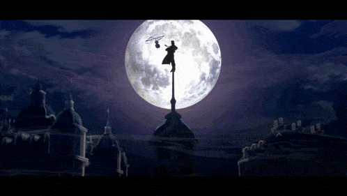 a drawing of a person flying in front of a full moon in a dark sky