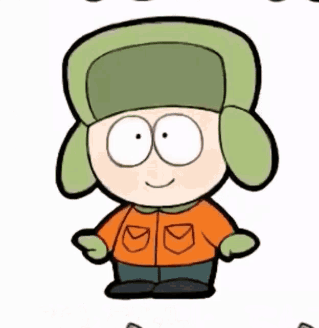 a cartoon character from south park wearing a green hat and an orange jacket