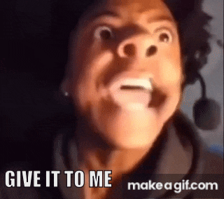 a close up of a person 's face with the words give it to me make a gif.com below it