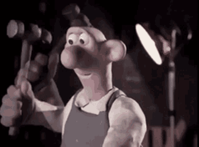 a cartoon character is holding a hammer and a knife in his hands .