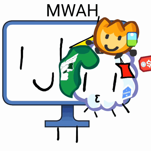 a cartoon character with the word mwah written on it