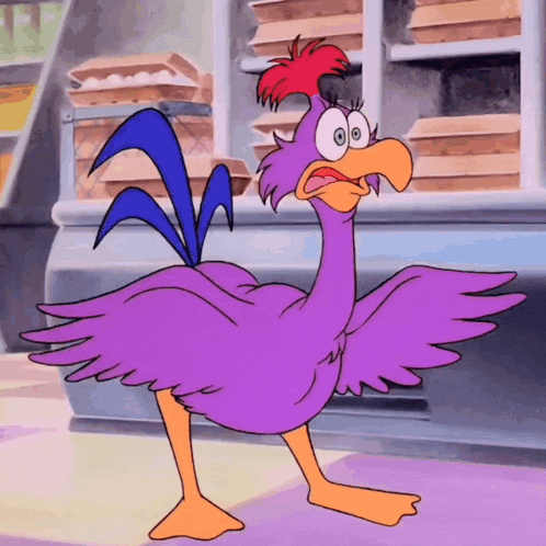 a purple cartoon bird with a blue tail