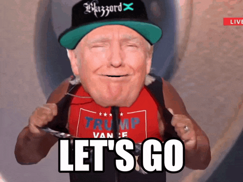 a man wearing a trump vance shirt and a blizzard hat says " let 's go "