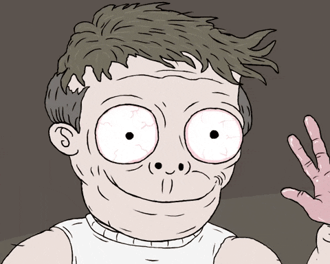 a cartoon of a man with big eyes and a white shirt