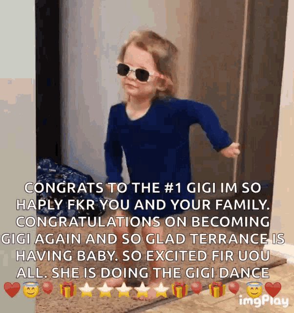 a little girl wearing sunglasses is standing in a doorway