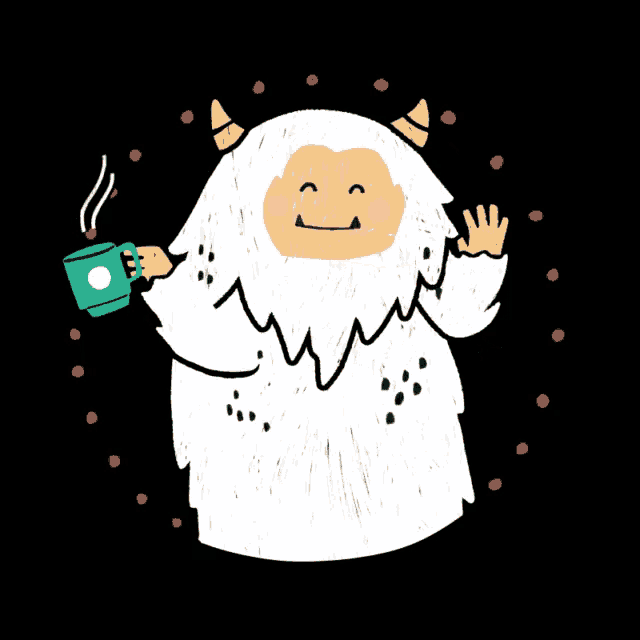 a cartoon yeti is holding a green cup of coffee
