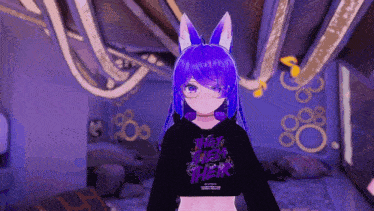 a girl with purple hair is wearing a black shirt that says " they are they "