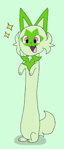a drawing of a cat with green ears and a heart on its face