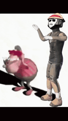 a cartoon of a man in a mask standing next to a pink duck with the words vigge.ai visible