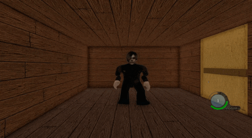 a video game character is standing in a wooden room with the number 1 on the bottom right