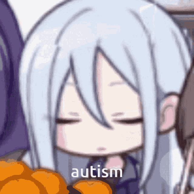 a close up of a cartoon character with autism written on it .