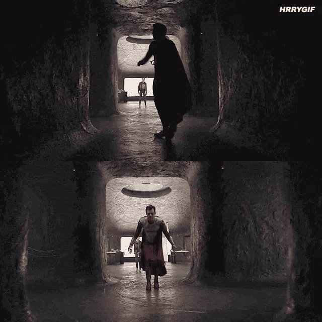 a man in a superman costume is running through a dark tunnel
