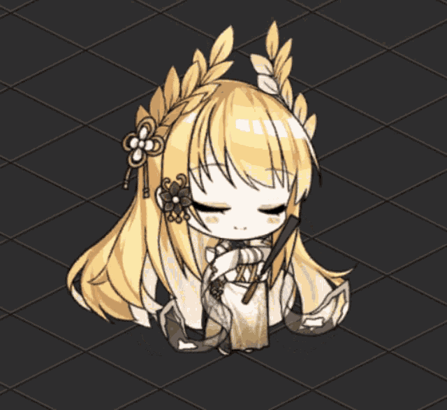 a girl with blonde hair is holding a fan with her eyes closed