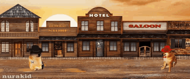 a dog standing in front of a hotel and saloon building